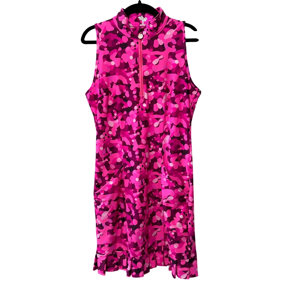 Tzu Tzu Shiloh Golf Dress Womens Small Pink Camo Quarter Zip Ruffle Pleated Hem